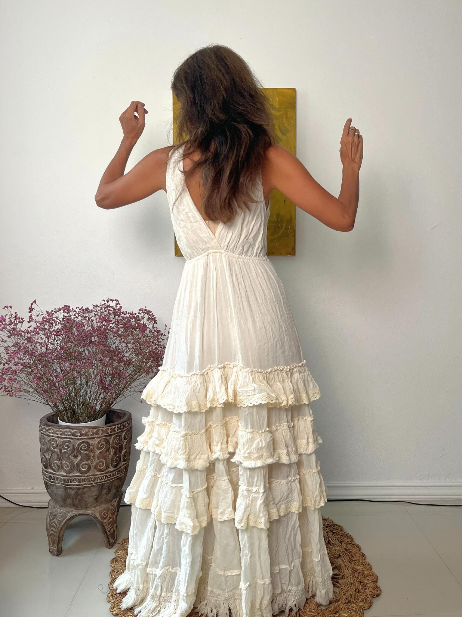 chinese dress ladies NUFIWI Women White Tiered Cami Long Dress Lace Trim Ruffle Flowy Maxi Dress  Sleeveless Swing High Waist Aline Sundress (Fairy White, S) at Amazon  Women's Clothing store