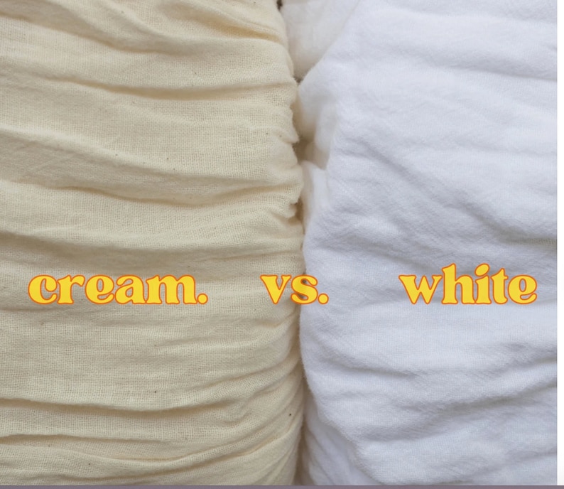 May include: Close-up of two fabric swatches, one cream and one white, with the words "cream." vs. "white" printed below them.