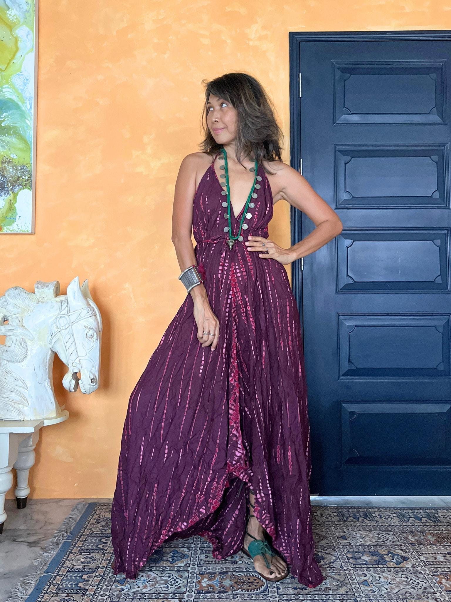 boho me tie dye maxi dress Hippie Boho Maxi Flowy Tie Dye Dress Mauve / Regular