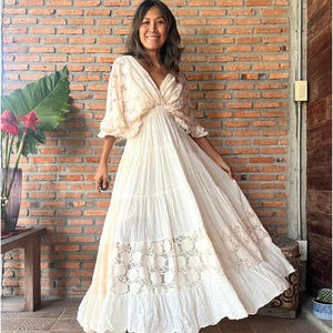 Boho Lace Trim Cotton Maxi Dress/Kaftan Cream Wedding Dress/ Boho Wedding Dress/Ruffle Maxi Dress/Romantic Vintage Style, Flowy Long Dress. image 5