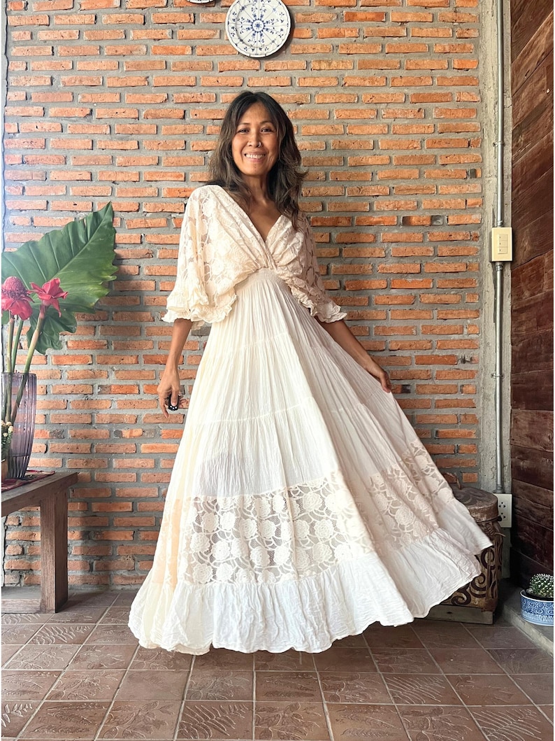 Boho Lace Trim Cotton Maxi Dress/Kaftan Cream Wedding Dress/ Boho Wedding Dress/Ruffle Maxi Dress/Romantic Vintage Style, Flowy Long Dress. image 5