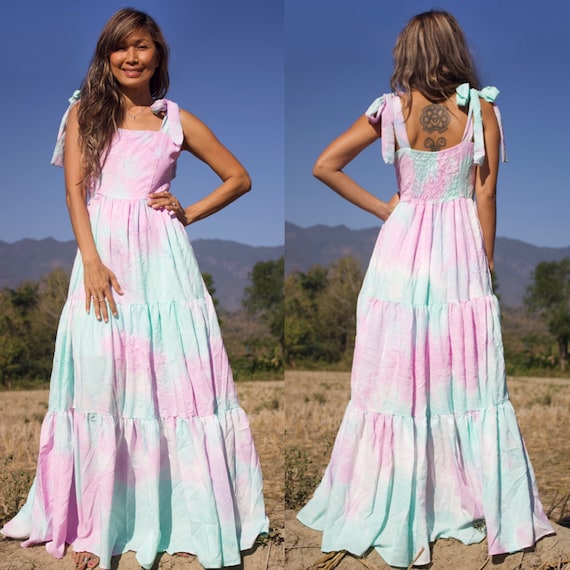Robe longue paysanne boheme tie dye robe de printemps pour femme robe de plage longue plusieurs robes vertes roses robe de soiree tenues de villegiature robe longue de festival Etsy France