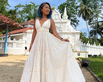 Boho-Baumwoll-Neckholder-Maxikleid, Boho-Hochzeitskleid, tiefes V-Ausschnitt-Hochzeitskleid, Umstandskleid für Fotoshooting, ärmelloses A-Linien-Kleid.