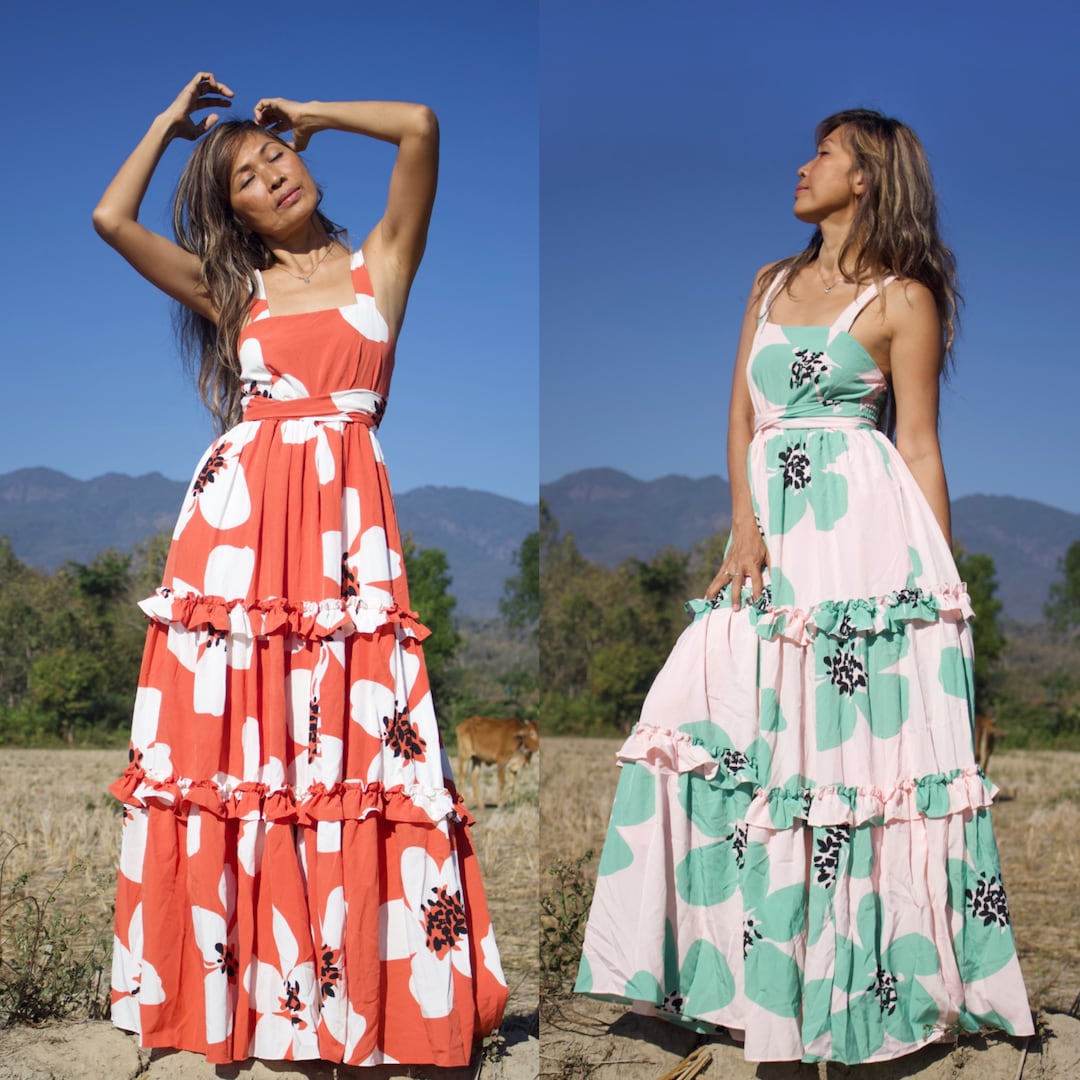 Vestido Bohemio De Verano - Manga 3/4, Bordado Floral En Blanco, Turquesa Y Rosa, Con Pompones Y Encaje