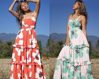 Boho Flora Printed Maxi dress,Boho Women's Dresses,Pink Flora maxi dress,Boho Ruffled Maxi Dress,Beach Maxi dress, Holiday maxi dress.
