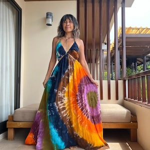 High Quality Cotton Boho Tie dye High low Halter Dress, Backless Tie dye Maxi Dress, Maternity dress for photoshoot. Soft and durable.
