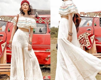 Calça boho de algodão cru com pernas largas, calça boca de sino, calça hippie lisa de algodão com pernas largas, calça comprida com elástico, calça feminina, calça de praia para o verão.