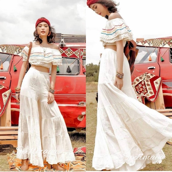 Bohemian Raw Cotton Wide Leg Pants, Bell Bottom Pants,hippie