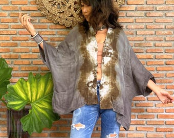 Hand Dyed Cotton Kimono Jacket, Handmade Boho Cardigan, Soft Double Layer Cotton Jacket, Unique One of a Kind Duster, 2 Pocket