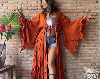 Boho Maxi Ruffled Duster Kimono,Boho Long Jacket,Festival Ruffled Kimono,Bikini Cover up,Hippie Long Jacket,Brick Ruffle Long kimono.