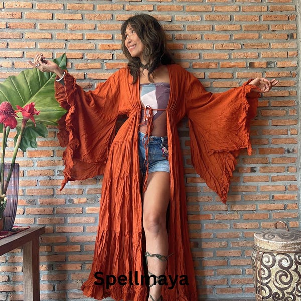 Boho Maxi Ruffled Duster Kimono,Boho Long Jacket,Festival Ruffled Kimono,Bikini Cover up,Hippie Long Jacket,Brick Ruffle Long kimono.