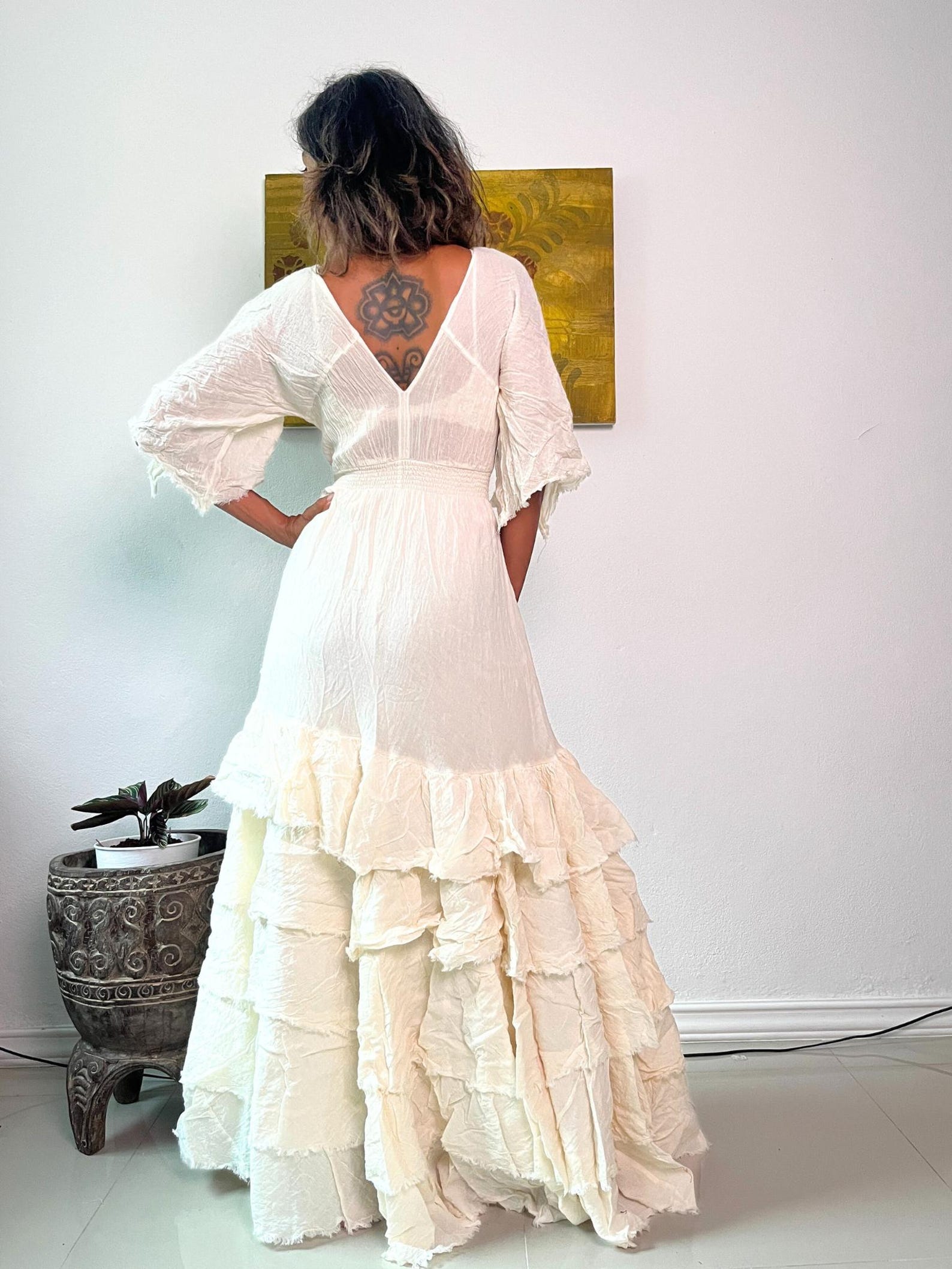 Handmade Bohemian Wedding Dress/white Wedding Dress/boho V Neck Gown Handmade Bohemian Wedding Dress/white Wedding Dress/boho V Neck Gown