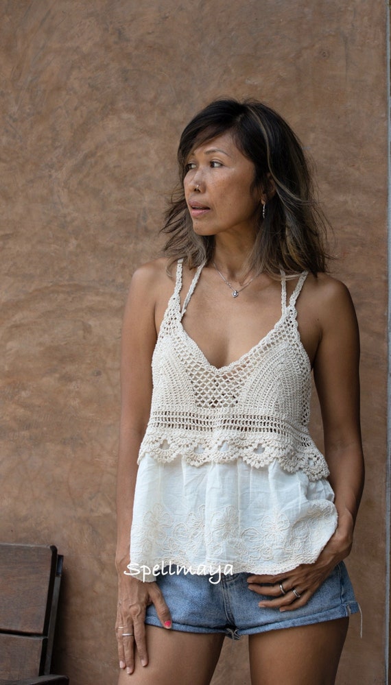 Bohemian Crochet Top 2 colors/Beach Cotton Top/Boho Off White Crop Top/Cream Spaghetti strap Top/Loose comfortable Top/Romantic Crop top.
