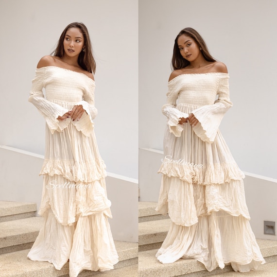 White Ruffle Off Shoulder Draped Smocked Boho Photoshoot Maternity