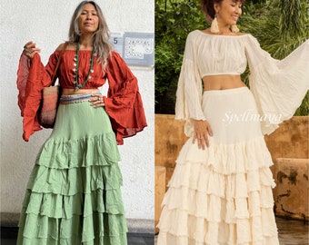 BohO Off Shoulder Blouse,Boho 2 Pieces set in skirt,Maternity top and skirt for Photoshoot,Romantic Beach Wedding Set in Top and Layer skirt