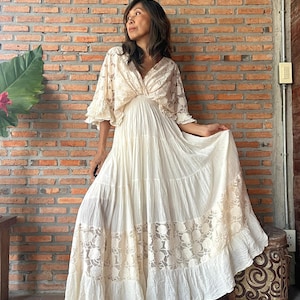 Boho Lace Trim Cotton Maxi Dress/Kaftan Cream Wedding Dress/ Boho Wedding Dress/Ruffle Maxi Dress/Romantic Vintage Style, Flowy Long Dress. image 8
