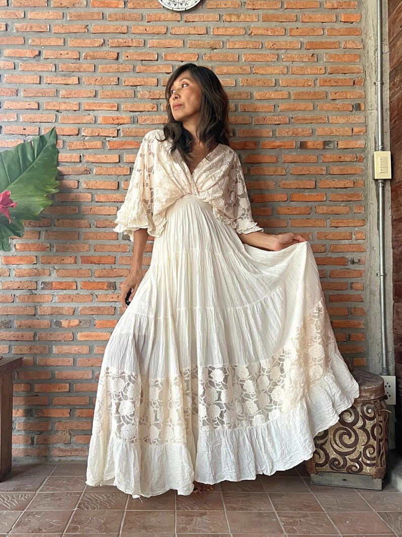 Boho Lace Trim Cotton Maxi Dress/Kaftan Cream Wedding Dress/ Boho Wedding Dress/Ruffle Maxi Dress/Romantic Vintage Style, Flowy Long Dress. image 8