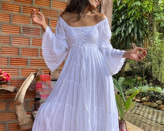 knee length dresses for ladies White Boho Off Shoulder Maxi Dress Tonna
