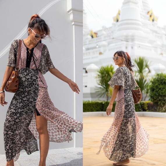Vintage Bohemian High Low Maxi Dress/Boho Paisley