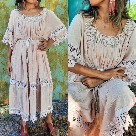Bohemian Maxi dress,Vintage Crochet Kaftan dress,B
