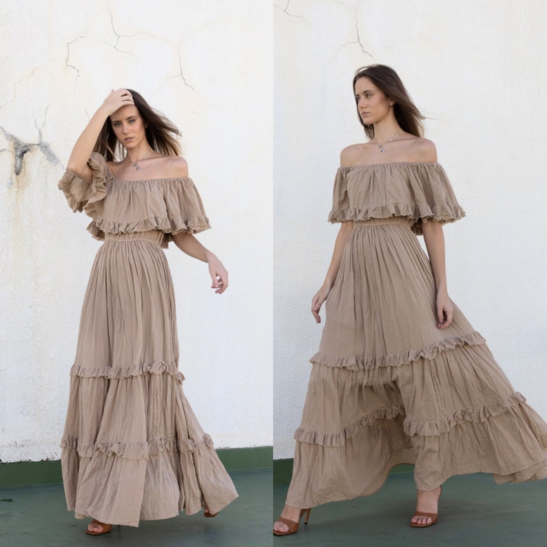 Boho Wedding Dress,Boho Off The Shoulder Dress,Gowns Dress, OffWhite wedding dress,Tan Maxi Dress,Photoshoots Maternity Dress,Summer dress. 