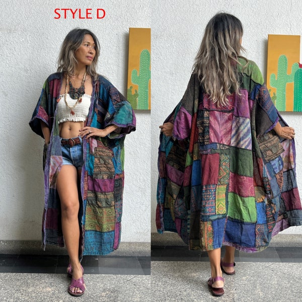 Handmade Patchwork Kimono Duster,Patchwork Cardigan,Patchwork Plus size 3x 4x Kimono,Stone wash Patchwork Long kimono,Cotton patchwork