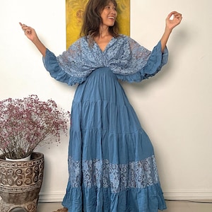 Vestido largo estilo caftán bohemio de algodón con ribete de encaje color vino tinto, vestido de maternidad imagen 5