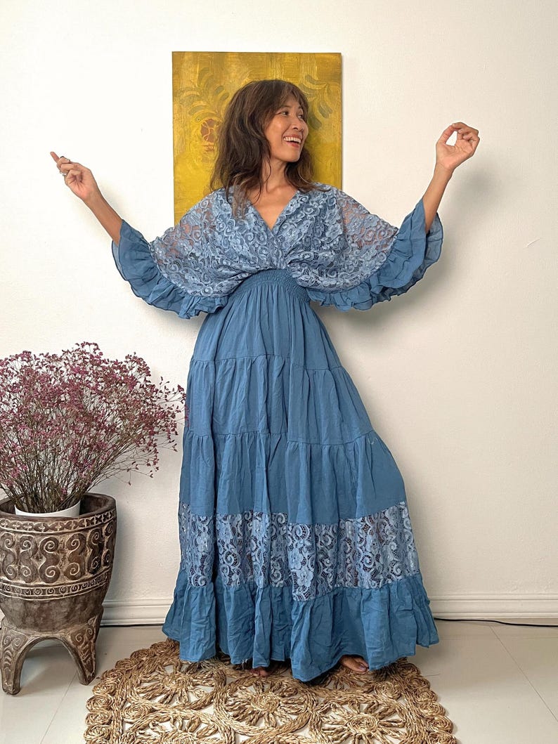 Vestido largo estilo caftán bohemio de algodón con ribete de encaje color vino tinto, vestido de maternidad imagen 5