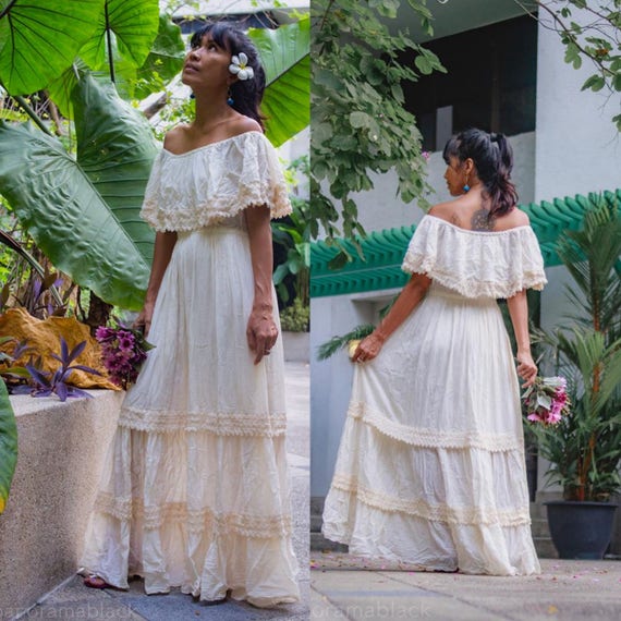 Mexican Spanish Style Off White Romantic Boho Maxi Dress Etsy