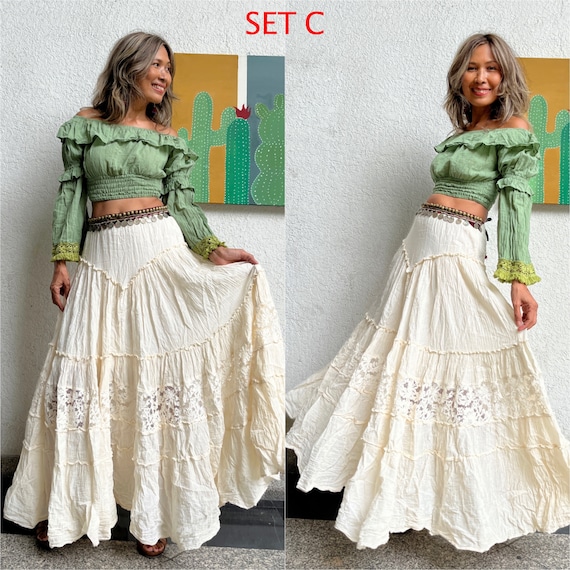 Completo da matrimonio in spiaggia con top e gonna con rifiniture in pizzo. Top e gonna premaman per servizio fotografico. Top corto verde gonna lunga verde top e gonna da festival