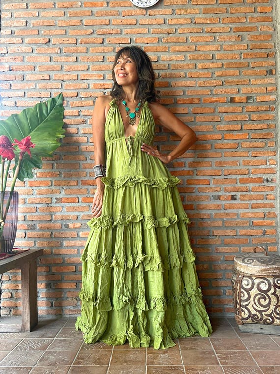 green ruffle halter dress Boho Green Ruffle Maxi Dress | Backless Halter Dress | Handmade Summer Dress  | Festival Bohemian Dress