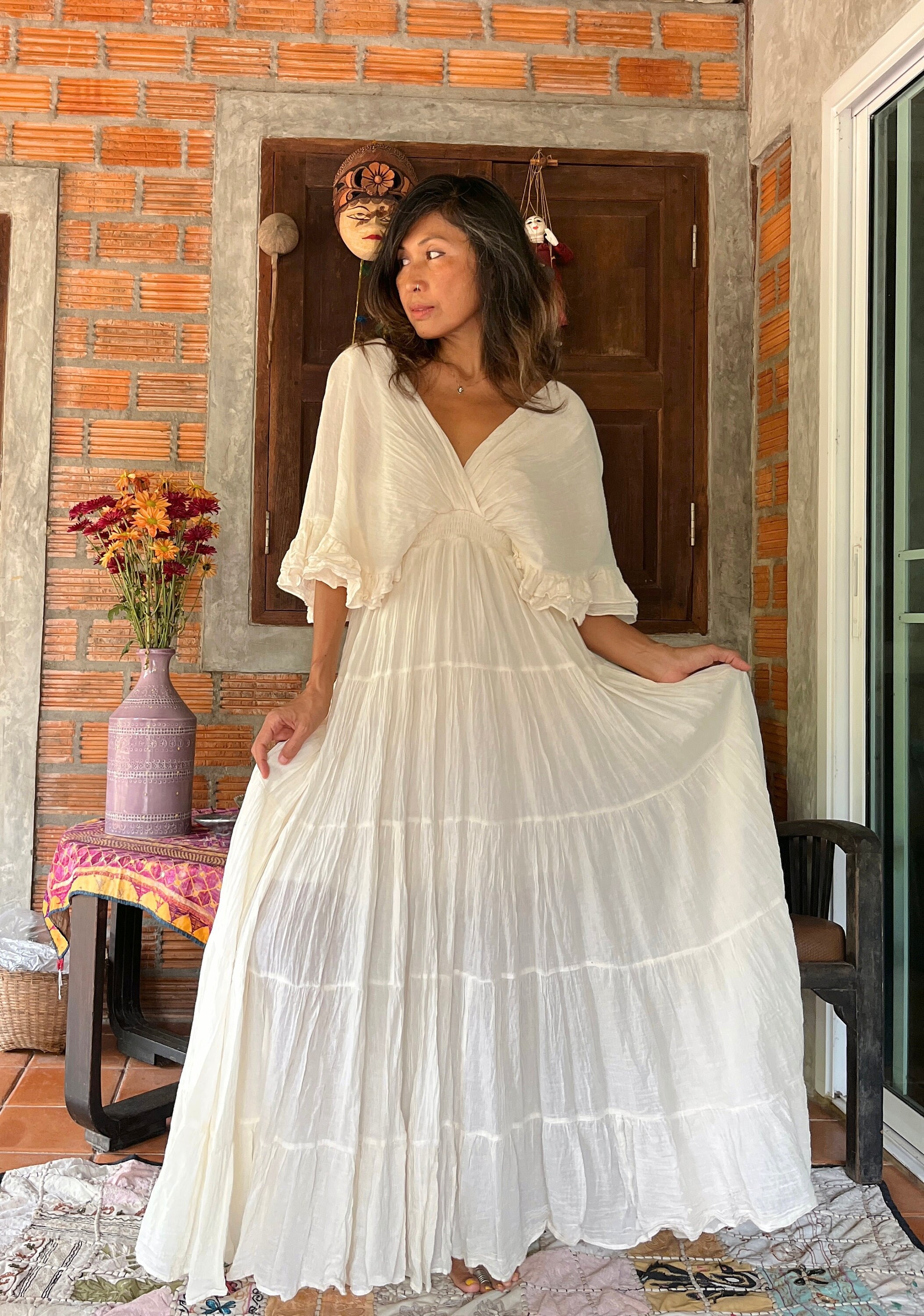 Bohemian Cream Wedding Dress/boho Lace Trim Cotton Maxi Dress,gown Dress,maternity  for Photoshoot Dress,deep V Neck Wedding Dress.vacation. 