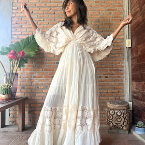 Boho Lace Trim Cotton Maxi Dress/Kaftan Cream Wedding Dress/ Boho Wedding Dress/Ruffle Maxi Dress/Romantic Vintage Style, Flowy Long Dress. image 2