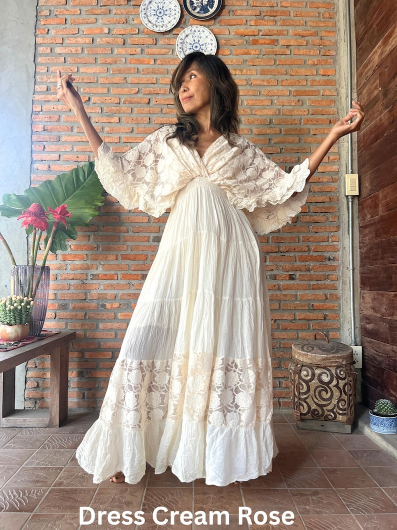 Boho Lace Trim Cotton Maxi Dress/Kaftan Cream Wedding Dress/ Boho Wedding Dress/Ruffle Maxi Dress/Romantic Vintage Style, Flowy Long Dress. image 2