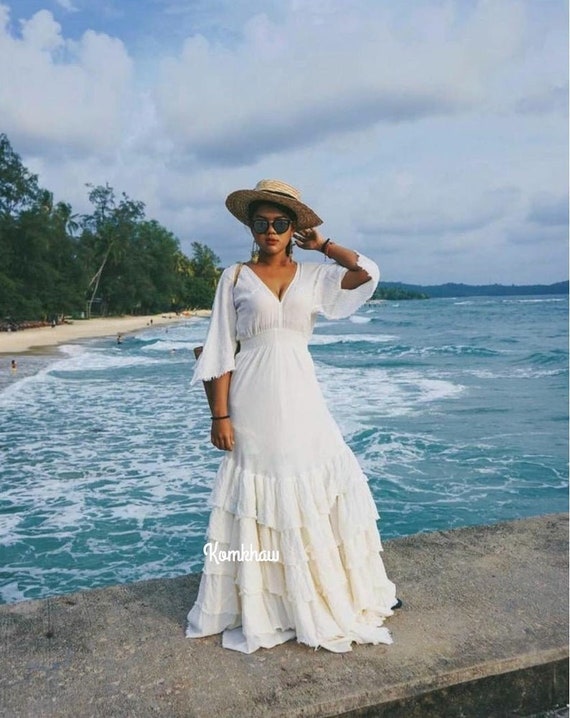 Handmade Bohemian Wedding Dress/White Wedding Dress/Boho V neck Gown dress/Layered dress/Angle Sleeve Maxi dress/Gypsy Maxi dress.
