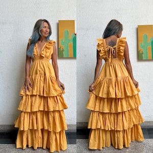 Boho Ruffle Wedding Dress,Boho Wedding Dress,Boho Layer Maxi Dress,Gypsy Layer Dress,Deep V Neck Wedding Dress,Resort Wear,Vacation Dress.