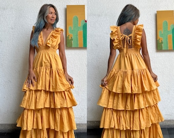 Boho Ruffle Wedding Dress,Boho Wedding Dress,Boho Layer Maxi Dress,Gypsy Layer Dress,Deep V Neck Wedding Dress,Resort Wear,Vacation Dress.