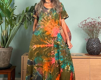 Boho CottonTie Dye Ruffled sleeves Maxi Dress,Hippie Width sleeves Tie dye Kaftan Dress,Cutwork tie dye dress,Maternity flowy Tie dye dress