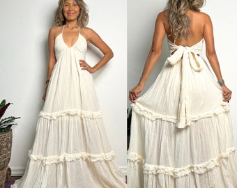 Vestido de novia bohemio, vestido de novia, vestido largo con cuello halter de algodón, vestido largo gitano para festival, vestido de maternidad para sesión de fotos, vestido de novia de maternidad.