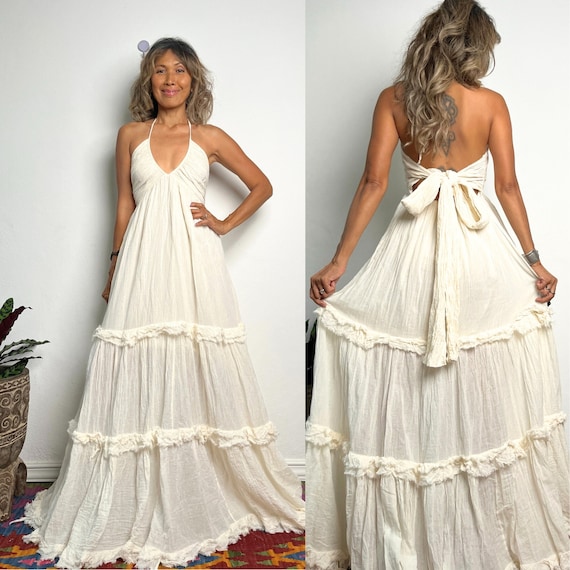 Boho Wedding Dress,Bridal Gown,Cotton Halter Maxi dress, Festival Gypsy Maxi Dress,Maternity for Photoshoot Dress,Maternity Wedding Dress.