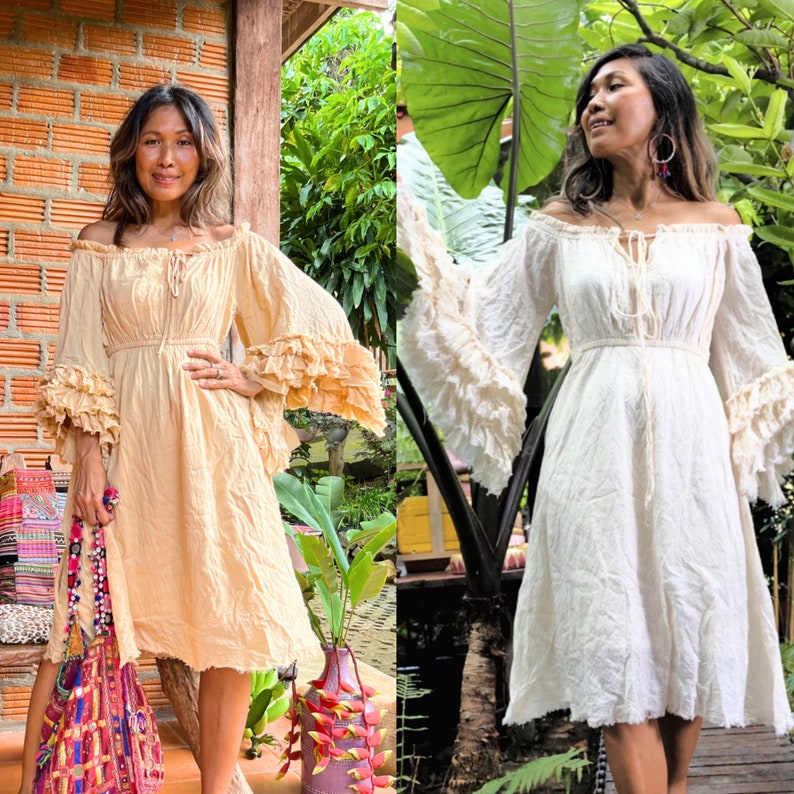 Bohemian raw cotton dress,Boho Raffle Sleeve Dress,Gypsy ruffle dress,Handmade cotton dress,Boho Off Shoulder Dress,Beach cotton dress image 5