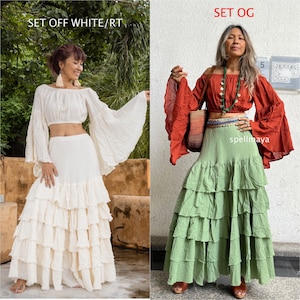 Bohemian set of top and skirt,Boho set of 2 pieces off shoulder and skirt,Off shoulder Crop top,Gypsy ruffle maxi skirt,Cotton crop top.