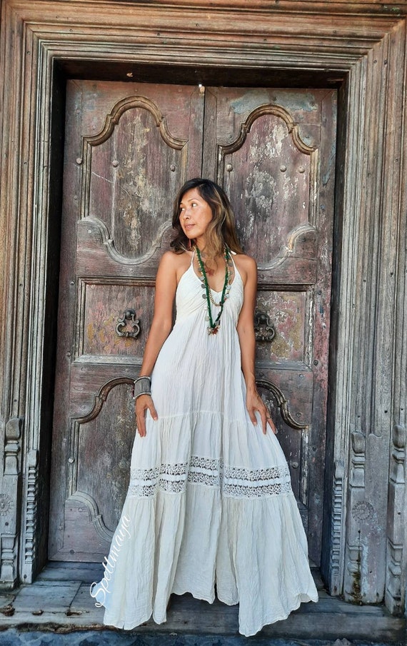 Bohemian Wedding dress,Bohemian Lace Dress,Boho Deep V Neck Lace Dress,Romantic Sheer Lace Dress,Halter cotton dress,Backless Maxi Dress