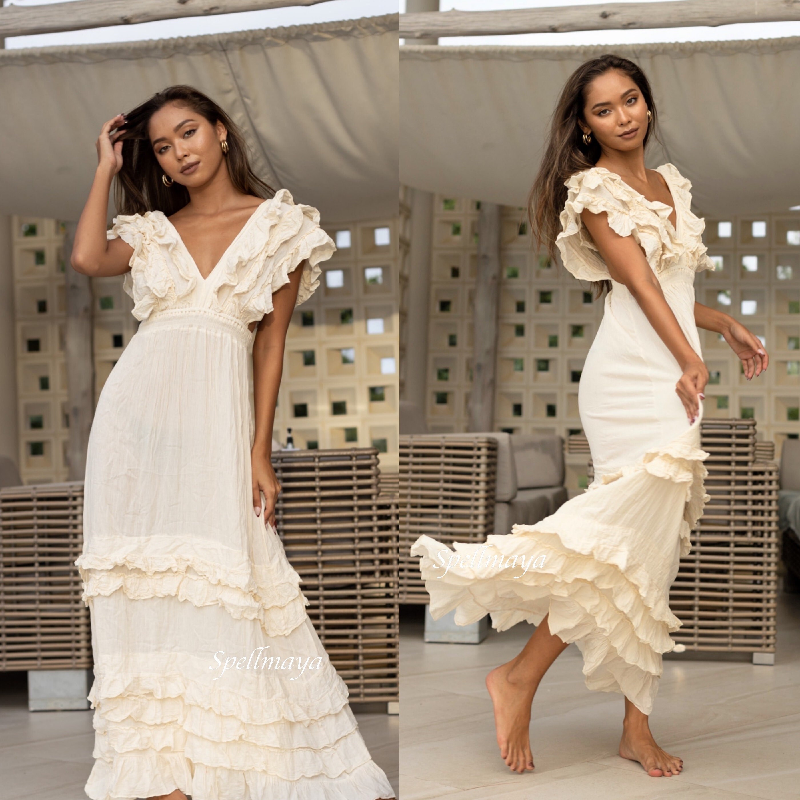 Handmade Ruffle Deep V Neck Maxi Dress 