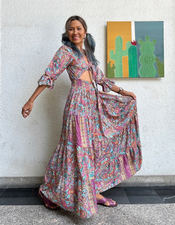 Boho Block Printed Maxi Dress,Festival Flora Dress,Silk Flora Front Tie Dress,Boho Outfits,Green Flora Dress,Belly Dance Silk Flora Dress.