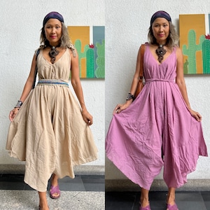 Boho Jumpsuit with belt,Kundalini Jumpsuit,Yoga jumpsuit,Tan jumpsuit,Baggy Jumpsuit,Cotton Jumpsuit,Wide Leg Jumpsuit,Plus size jumpsuit.