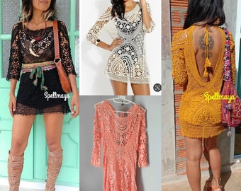 Boho three quarter sleeved Lace Dress/Bohemian Mini Lace Dress/Festival Lace Dress/Beach Cover Up/Hippie Sexy Dress/Back less Lace Dress.