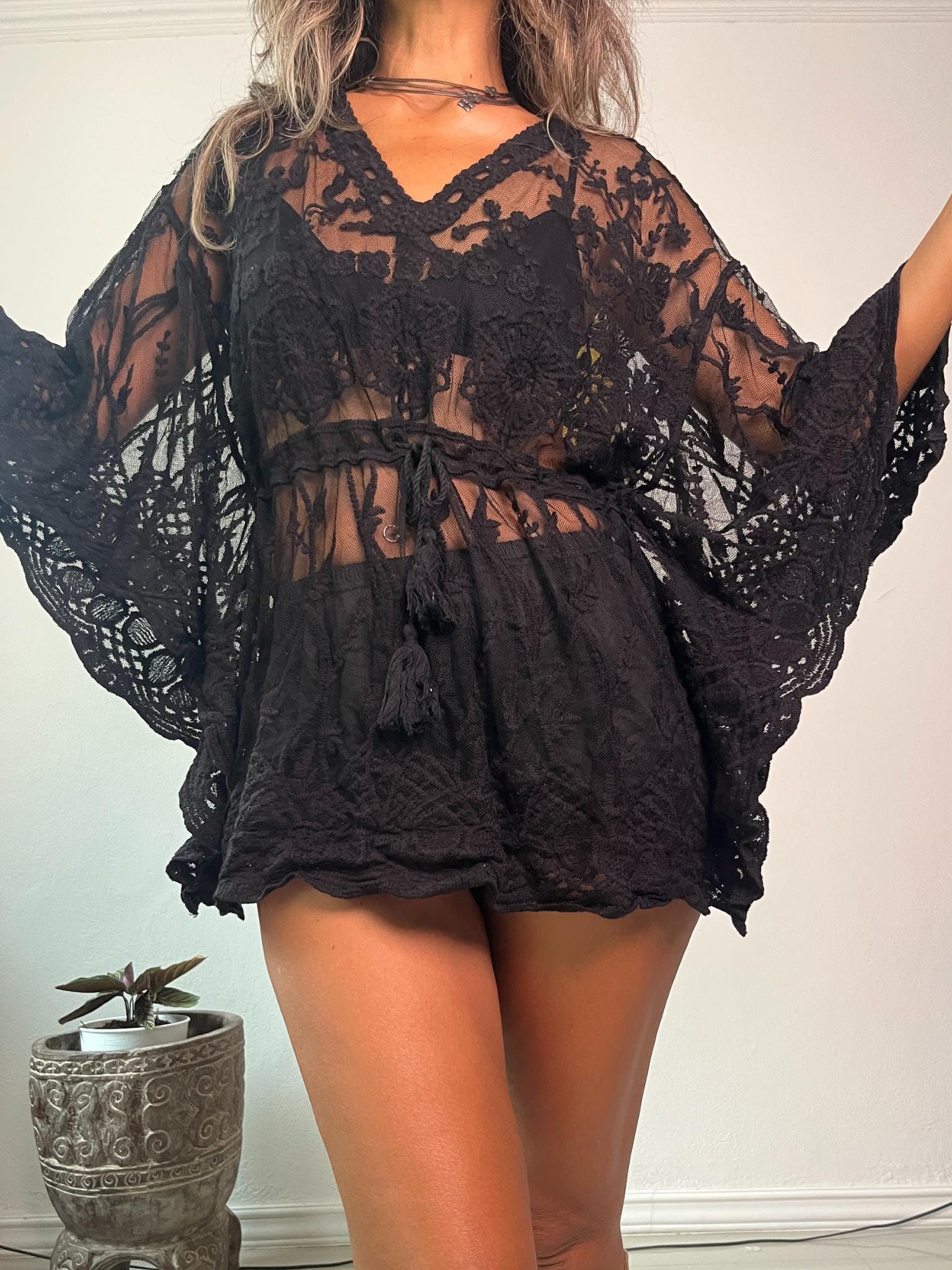 chinese dress ladies Bsubseach Women Lace Swimsuit Cover Up Bathing Suit Coverups V-Neck  Swimwear Beach Vacation Dress Black at Amazon Women's Clothing store main image 0