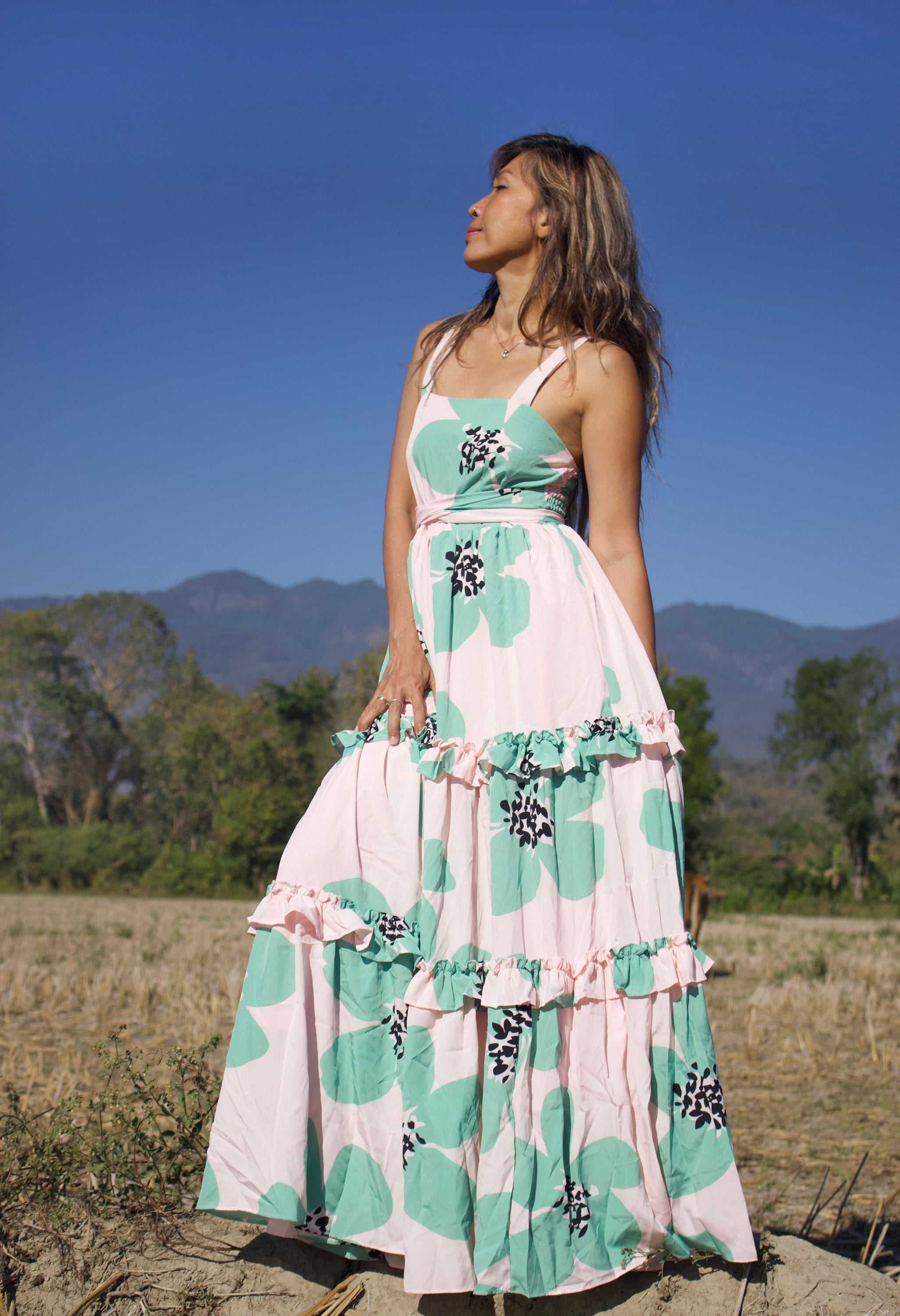 Boho Flora Printed Maxi Dress,Boho Women's Dresses,Pink Flora Maxi Dress,Boho Ruffled Maxi Dress,Beach Maxi Dress, Holiday Maxi Dress.
