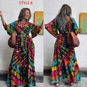 Vestido largo bohemio con efecto tie dye, vestido de festival con mangas anchas y efecto tie dye, vestido tie dye de talla grande, vestido tie dye hecho a mano, vestido tie dye hippie